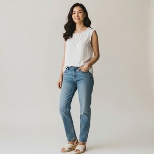 ST JOHN Womens Sleeveless Silk Blend Top Ivory Ruffle Classic Preppy Size S